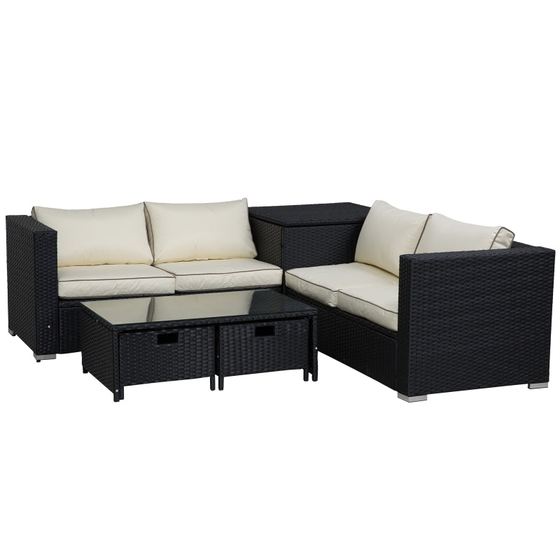 Outsunny 4-Seater Rattan Garden Furniture Patio Sofa Storage & Table Set w/ Coffee Table & Corner Sofa - Black