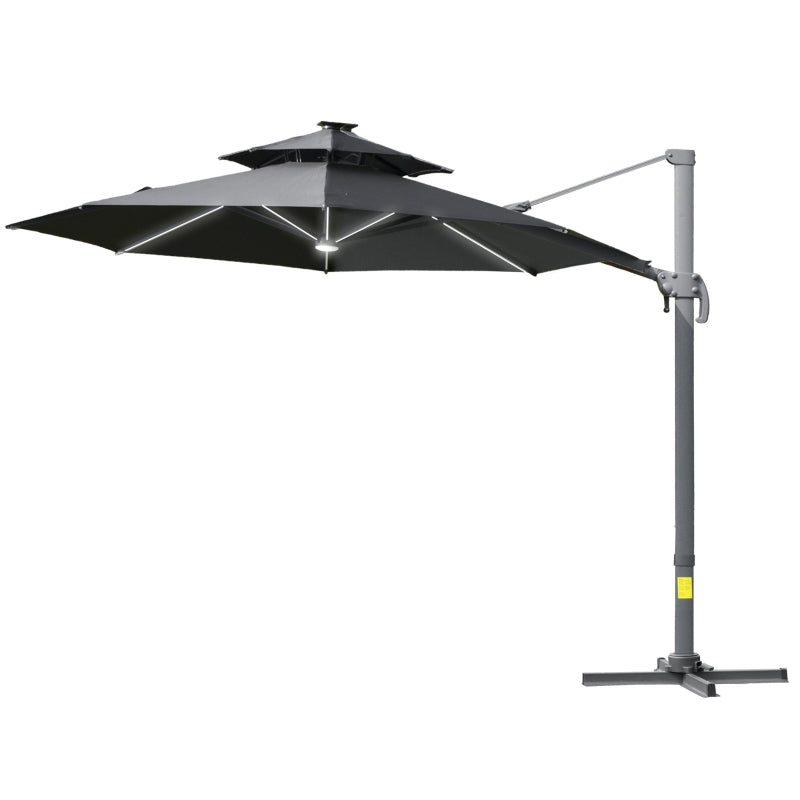 Outsunny 3m Cantilever Parasol w/ Solar Lights Power Bank Cross Base Adjustable Canopy 360° Spin Outdoor Garden Umbrella 2-Tier Roof Sun Shade Grey