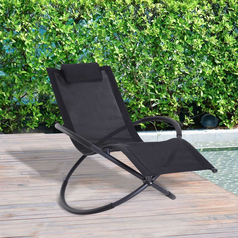 Outsunny Outdoor Orbital Lounger Zero Gravity Patio Chaise Foldable Rocking Chair w/ Pillow Black