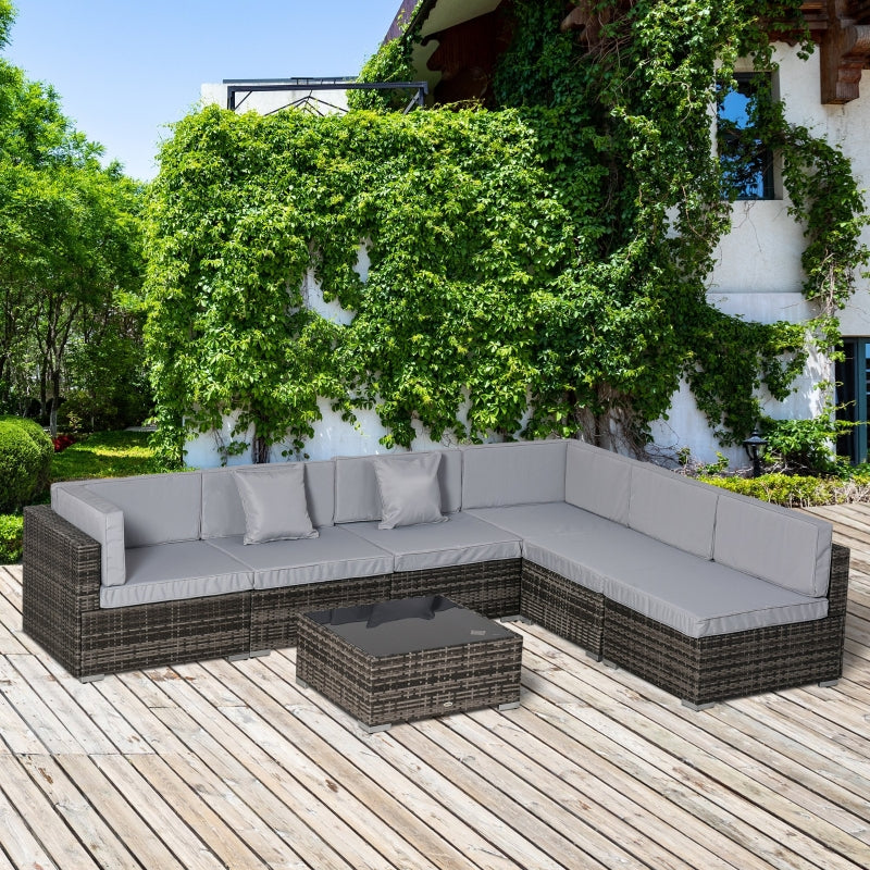 Outsunny 7 PC Garden Rattan Furniture Set Patio Outdoor Sectional Wicker Weave Sofa Seat Coffee Table w/ Cushion and Pillow Buckle Structure