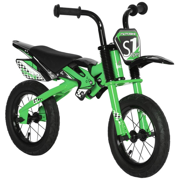 HOMCOM 12" Kids Balance Bike, No Pedal Training Bicycle, Motorbike Look, Steel Frame with Air Filled Tire, Handlebar, PU Seat for 3-6 Years Old, Green