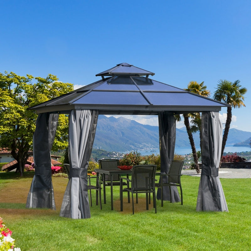 Outsunny 3 x 3(m) Polycarbonate Hardtop Gazebo Canopy with Double-Tier Roof and Aluminium Frame, Garden Pavilion with Mosquito Netting and Curtains