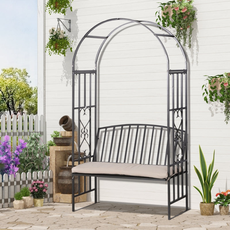 Outsunny Garden Metal Arch Bench, Outdoor Furniture Chair with Cushion Outdoor Patio Rose Trellis Arbour Pergola, for Climbing Plant 114x 60 x 206 cm