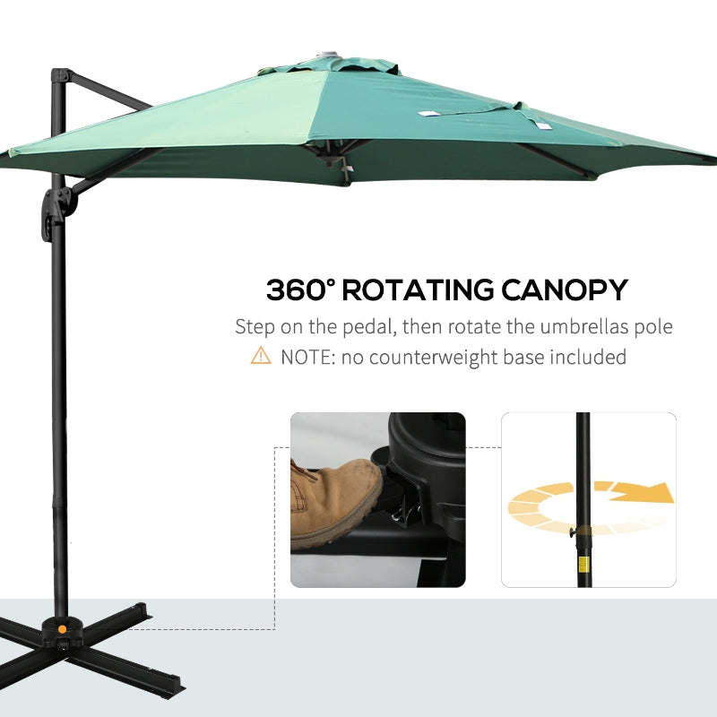 Outsunny 3m Patio Offset Roma Parasol Cantilever Hanging Sun Shade Canopy Shelter 360° Rotation with Cross Base - Green