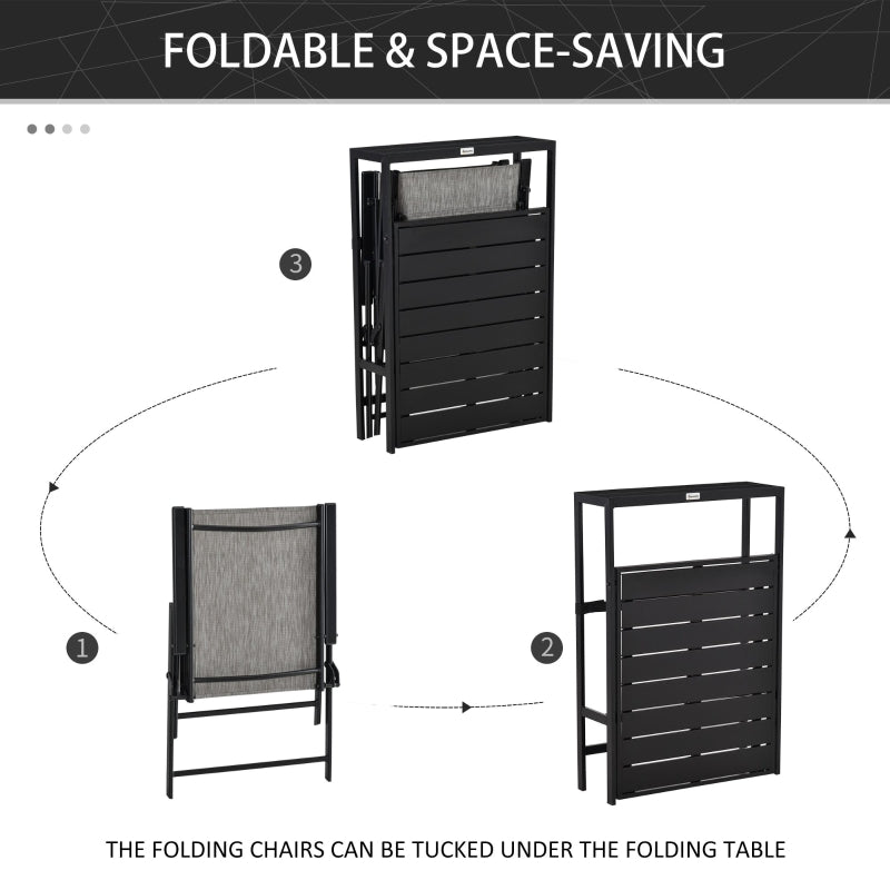 Outsunny 3 Pcs Folding Garden Furniture Set, Foldable Table and 2 Chairs Set w/ Side Shelf, Metal Frame, Indoor Outdoor Patio Balcony