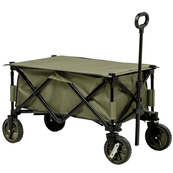 Outsunny Folding Garden Trolley on Wheels, Collapsible Camping Trolley with Folding Board, Outdoor Utility Wagon with Steel Frame Oxford Fabric Green