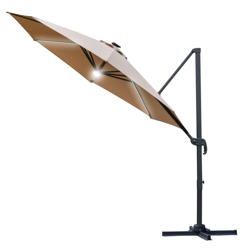 Outsunny 3(m) Cantilever Roma Parasol Garden Sun Umbrella with LED Solar Light Cross Base 360° Rotating, Brown