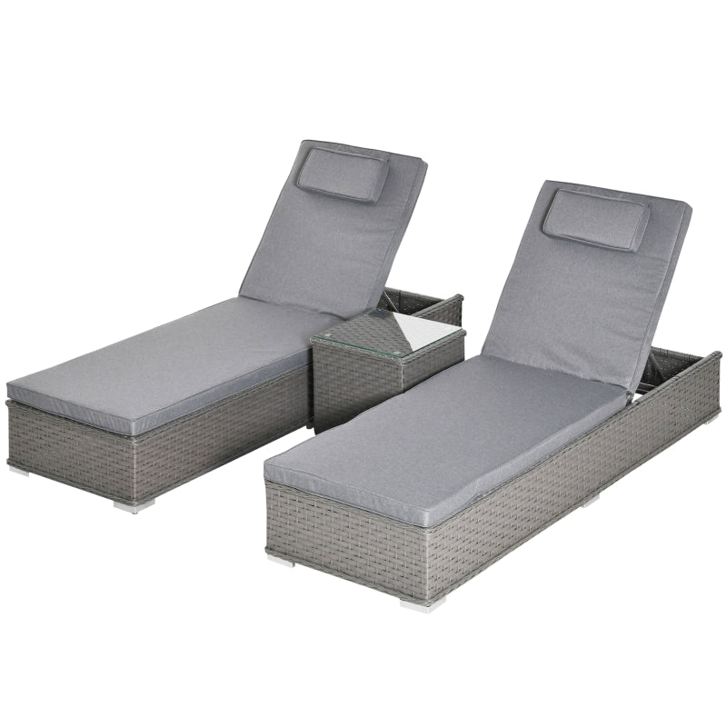 Outsunny 3 Piece Rattan Sun Lounger Set, Garden Furniture with Side Table, 5-Position Adjustable Recline Chair, Grey