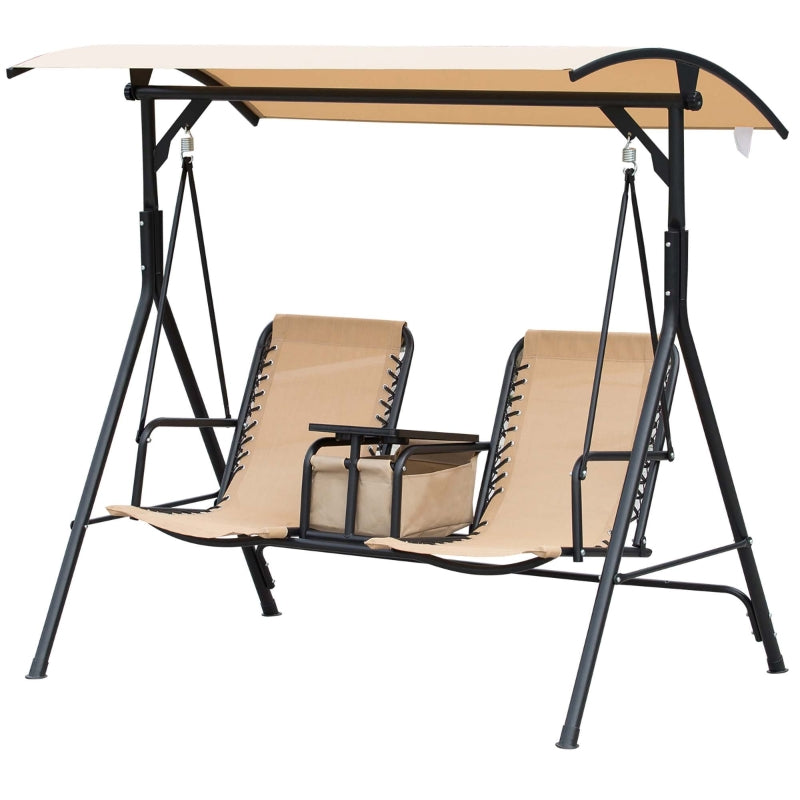 Outsunny 2-Seater Swing Chair Steel Frame Adjustable Canopy Texteline Garden Swing Seat w/ Middle Table Cup Holders Heavy Duty Outdoor Patio - Beige