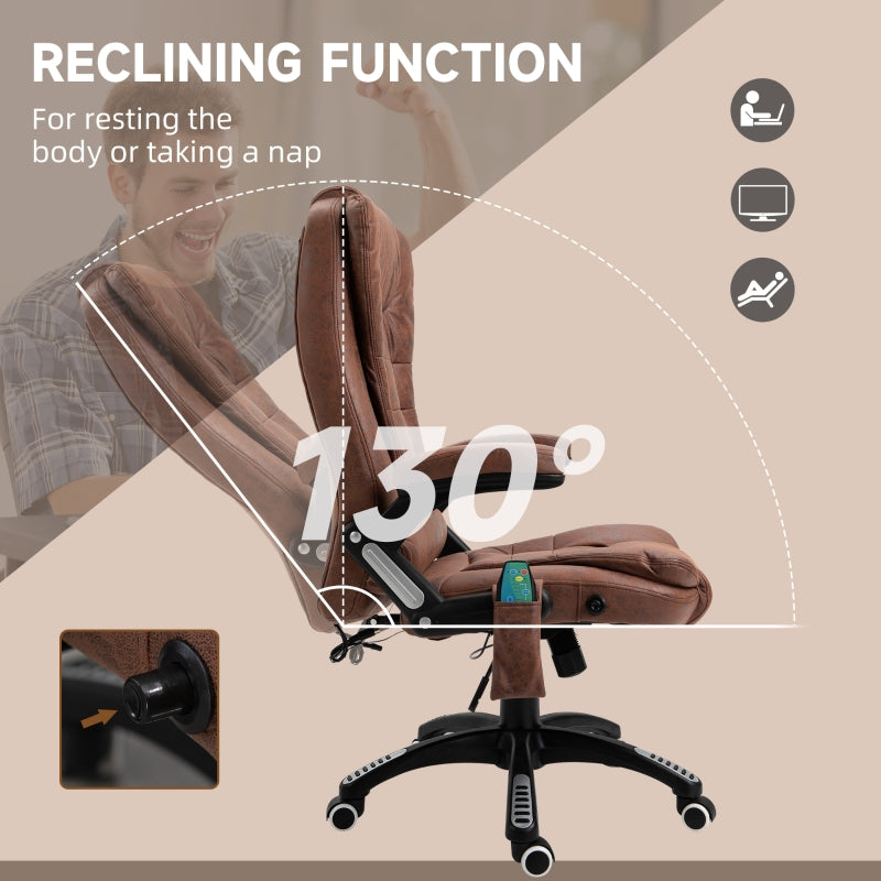 Vinsetto Massage Recliner Chair Heated Office Chair with Six Massage Points Microfiber Cloth 360° Swivel Wheels Brown