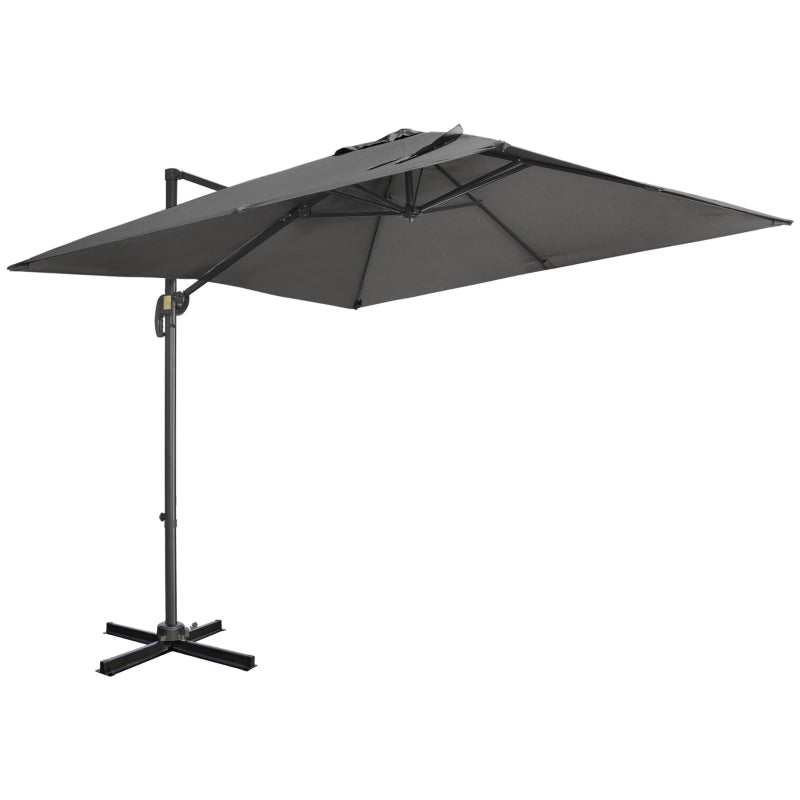 Outsunny 2.7 x 2.7 m Cantilever Parasol, Square Overhanging Umbrella with Cross Base, Crank Handle, Tilt, 360° Rotation and Aluminium Frame, Dark Grey