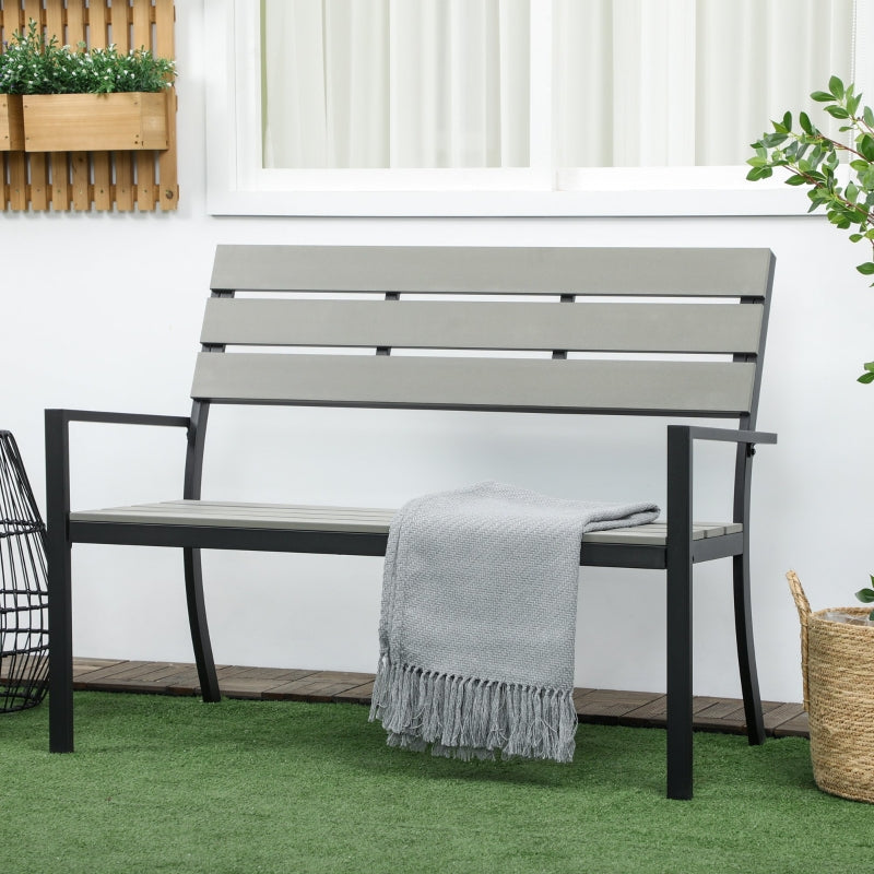 Outsunny 2 Seater Garden Bench, Slatted Outdoor Bench with Steel Frame, Garden Loveseat, 122 x 65 x 92 cm, Grey