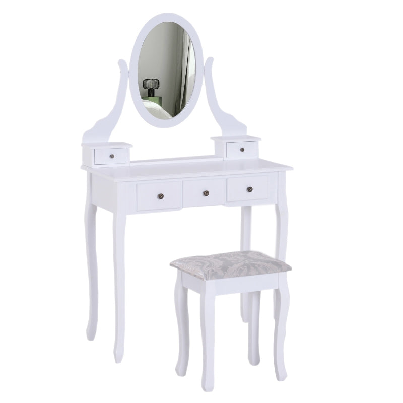 HOMCOM 5-Drawers Dressing Table Set W/ Mirror & Stool-White