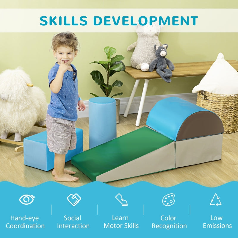 HOMCOM Kids 5-Piece PU Soft Climb & Crawl Playset Blue/Green