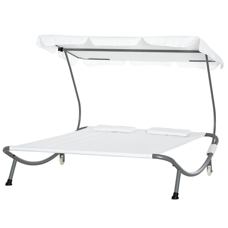 Outsunny Patio Double Hammock Sun Lounger Bed w/ Canopy Shelter, Wheels & 2 Pillows, White