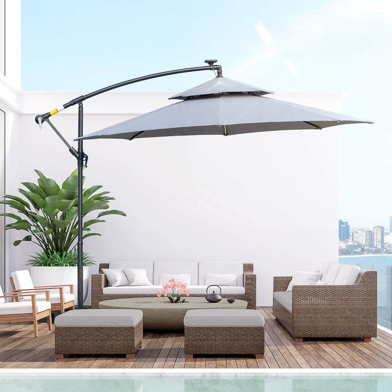 Outsunny 3(m) Cantilever Banana Parasol Hanging Umbrella with Double Roof, LED Solar lights, Crank, 8 Sturdy Ribs and Cross Base for Outdoor, Garden