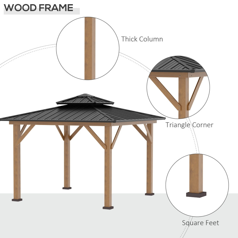 Outsunny 3.5 x 3.5m Outdoor Aluminium Hardtop Gazebo Canopy with 2-Tier Roof and Solid Wood Frame Outdoor Patio Shelter for Patio, Garden, Grey