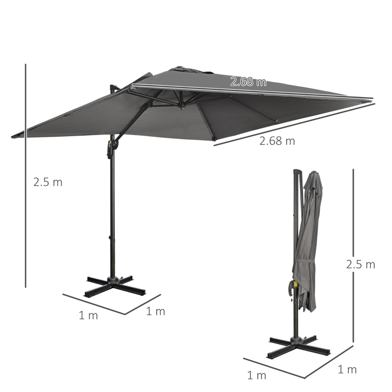 Outsunny 2.7 x 2.7 m Cantilever Parasol, Square Overhanging Umbrella with Cross Base, Crank Handle, Tilt, 360° Rotation and Aluminium Frame, Dark Grey