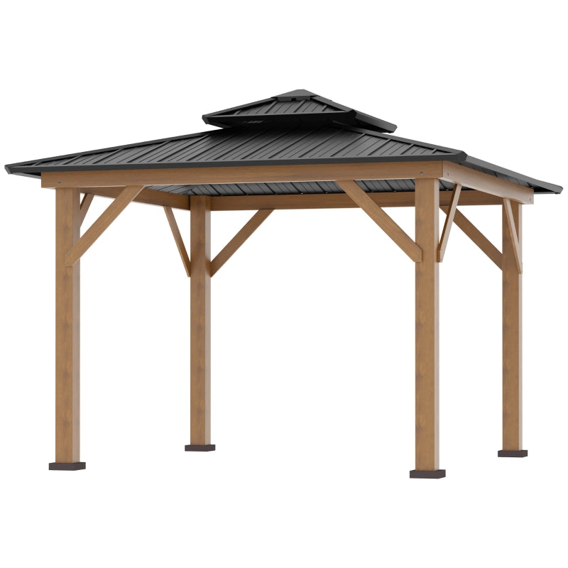 Outsunny 3.5 x 3.5m Outdoor Aluminium Hardtop Gazebo Canopy with 2-Tier Roof and Solid Wood Frame Outdoor Patio Shelter for Patio, Garden, Grey