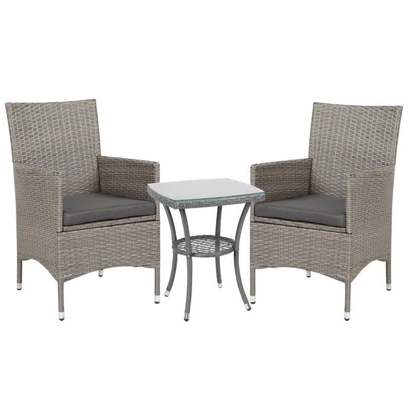 Outsunny Three-Piece Rattan Bistro Set,with Cushions, Garden Furniture,Wicker Weave Conservatory Companion, Chair Table Set - Grey