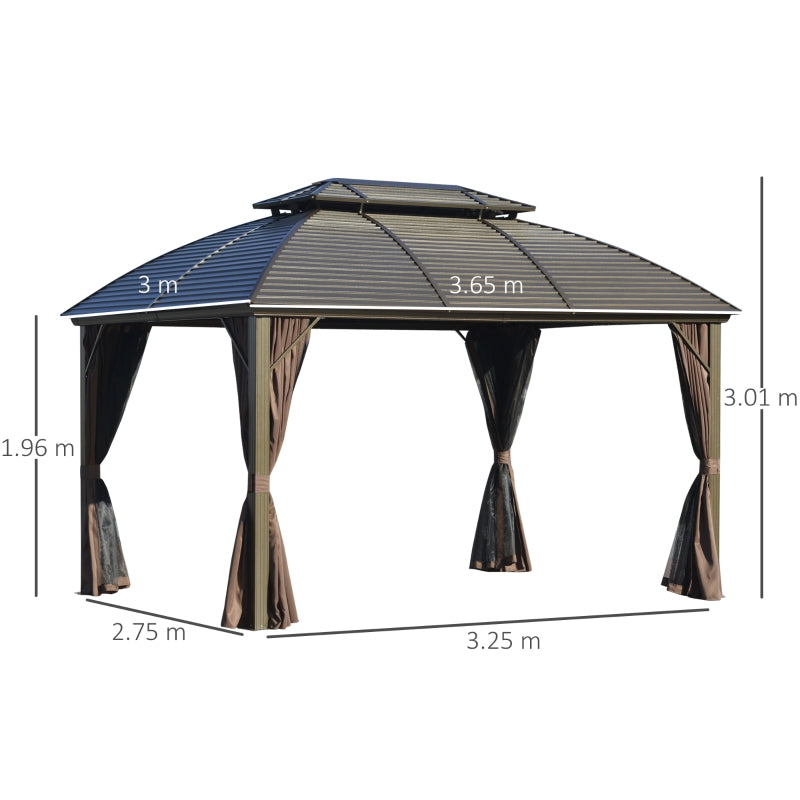 Outsunny 3.65 x 3(m) Hardtop Steel Gazebo Canopy for Patio Heavy Duty Outdoor Pavilion with Aluminum Alloy Frame, Double Roof, Brown