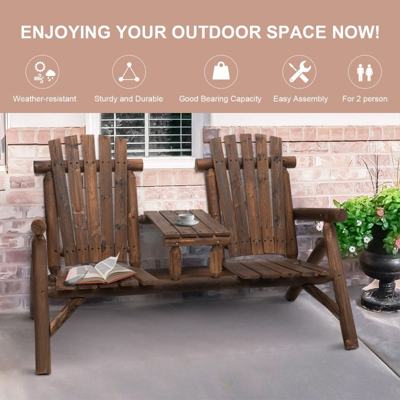 Outsunny Wood Patio Chair Bench 2 Seats with Center Coffee Table, Garden Loveseat Bench Backyard, Perfect for Lounging Relaxing Outdoors, Carbonized