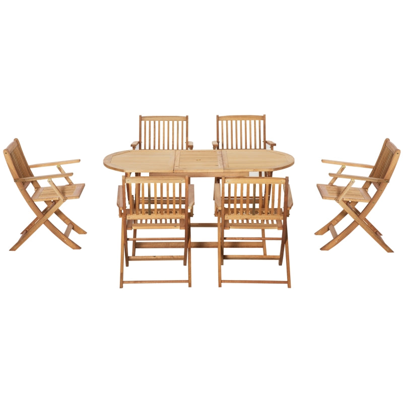 Outsunny 7 Piece Wooden Garden Dining Set with Umbrella Hole, Folding Dining Table and Armchairs with Parasol Hole, Teak