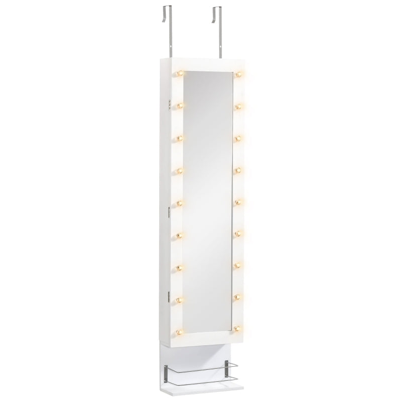 HOMCOM Jewellery Storage Mirror Cabinet Wall Mounted or Door Hanging w/ Hooks Shelves Drawer 18 Lights Brush Holder Vanity Makeup White