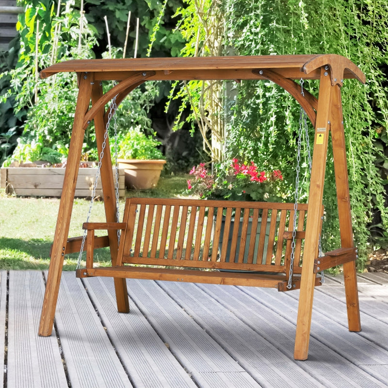 Outsunny 3-Seater Larch Wood Garden Swing Chair Bench Hammock Lounger with Wooden Canopy, Teak