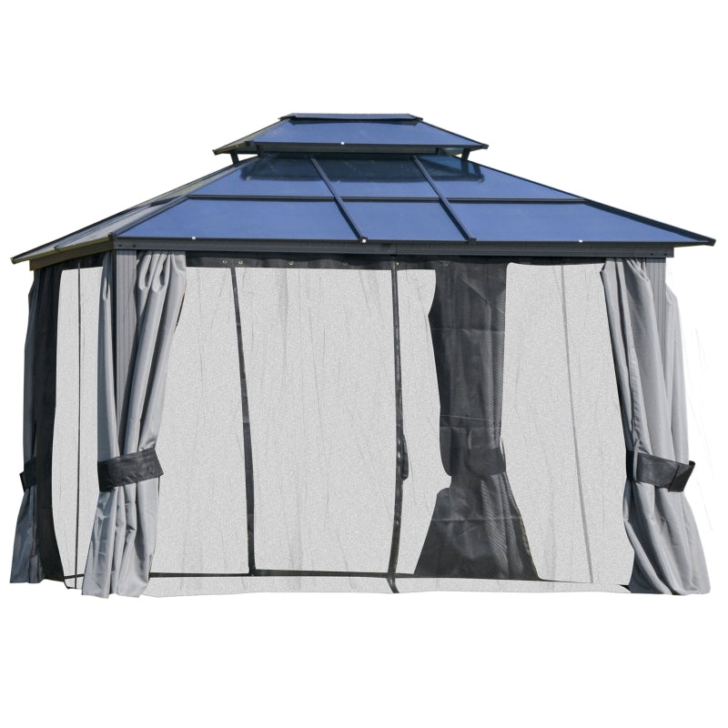 Outsunny 3.6 x 3(m) Polycarbonate Hardtop Gazebo Canopy with Double-Tier Roof and Aluminium Frame, Garden Pavilion with Mosquito Netting and Curtains