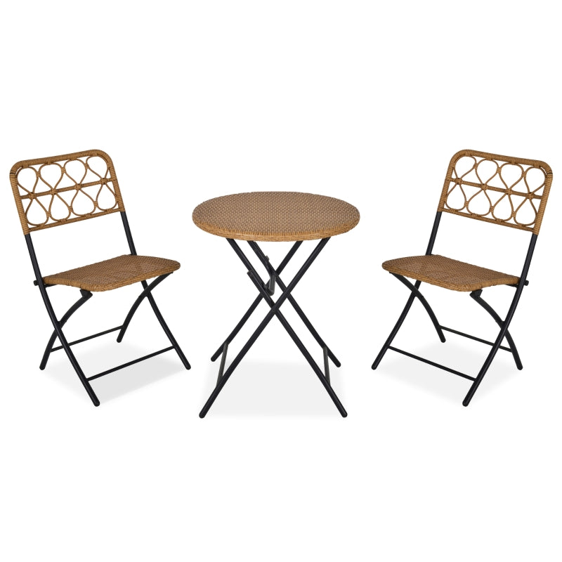 Outsunny 3 pcs PE Rattan Wicker Bistro Set Conversation Patio Furniture Set w/ Foldable Coffee Table and Chairs and Steel Frame, Natural