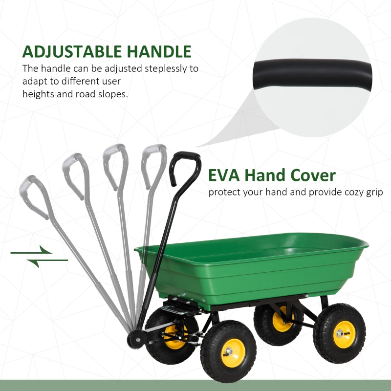 Outsunny 75 Litre Large Garden Cart Heavy Duty 4 Wheel Trolley Dump Wheelbarrow Tipping Truck Trailer - Green