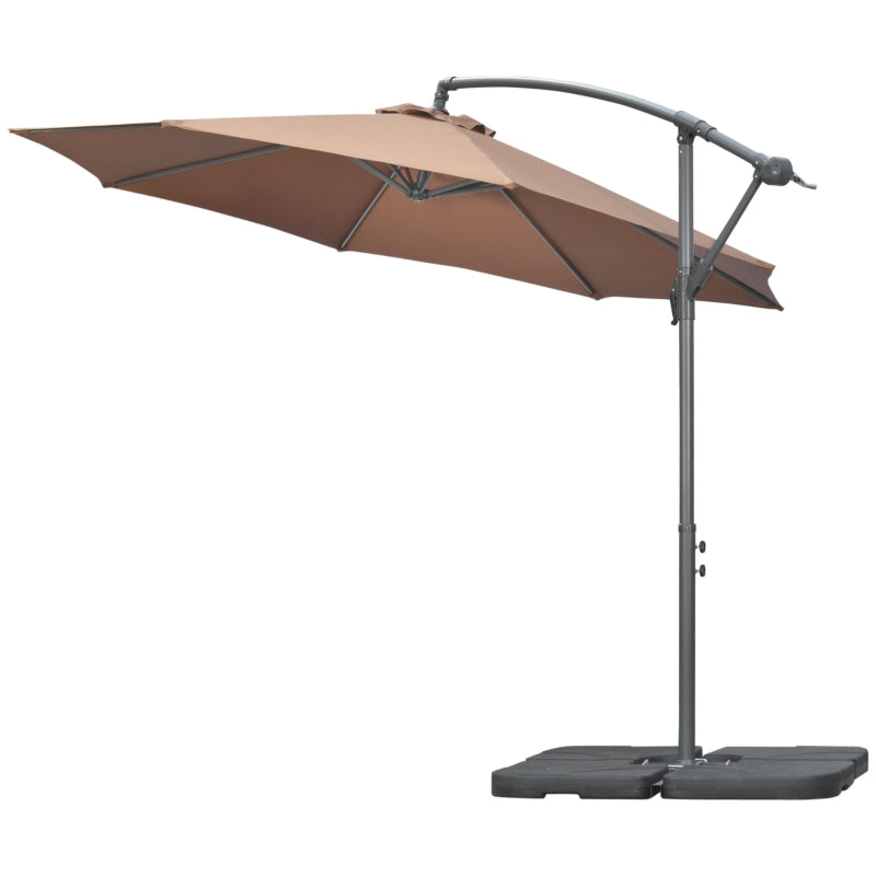 Outsunny 3(m) Garden Banana Parasol Cantilever Umbrella with Crank Handle, Cross Base, Weights and Cover for Outdoor, Hanging Sun Shade, Coffee