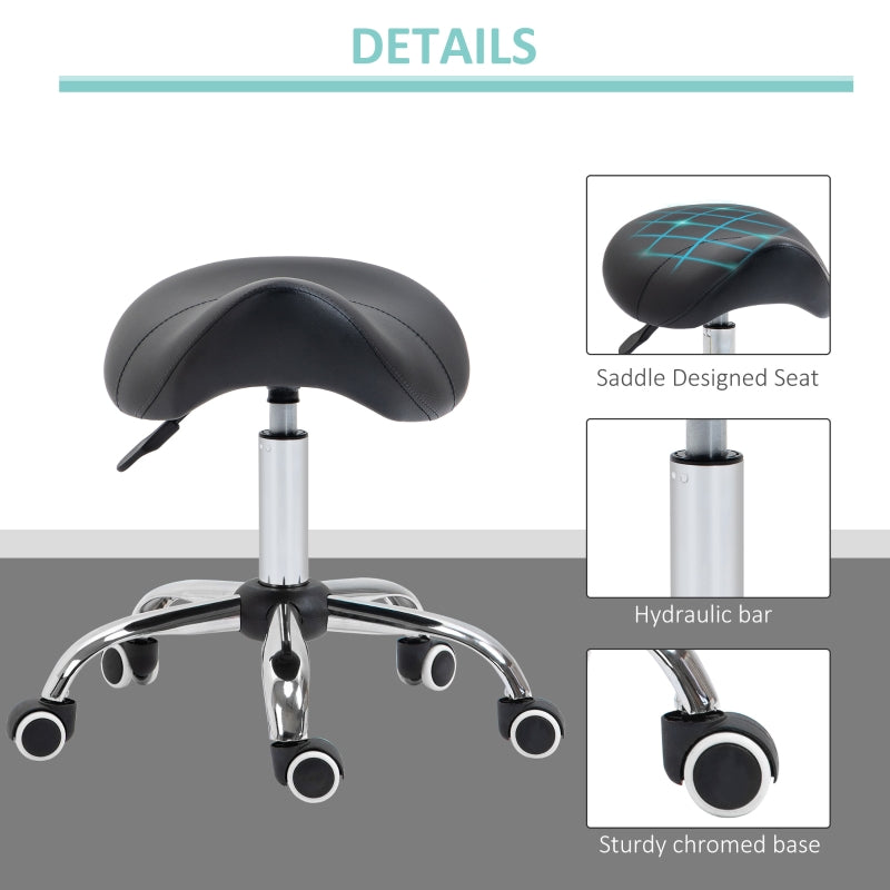 HOMCOM Cosmetic Stool 360° Rotate Height Adjustable Salon Massage Spa Chair Hydraulic Rolling Faux Leather Saddle Stool Mobility - Black