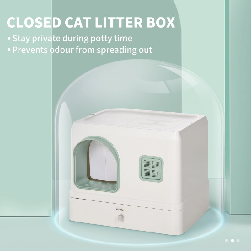 PawHut Cat Litter Box with Drawer Pan, Hooded Cat Litter Tray with Scoop, Deodorants, Front Entrance, 50 x 40 x 40 cm, White