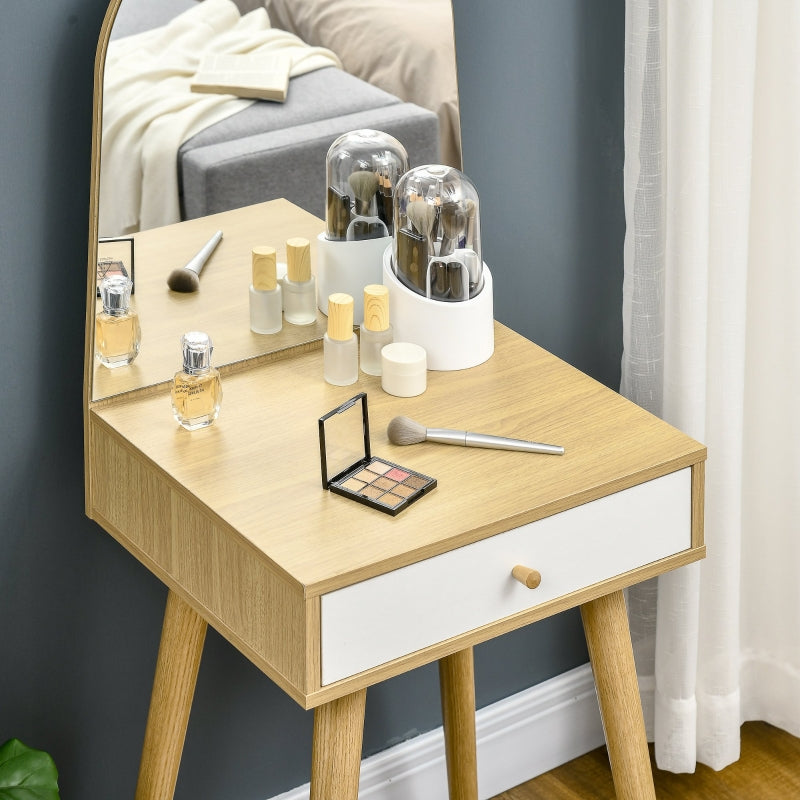 HOMCOM Modern Dressing Table with Large Mirror and Storage Drawer, Compact Vanity Table for Bedroom, Natural