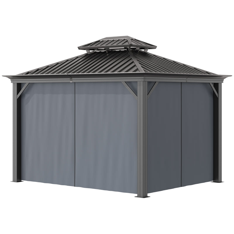 Outsunny 3.7 x 3(m) Outdoor Hardtop Gazebo Canopy Aluminum Frame with 2-Tier Roof & Mesh Netting Sidewalls for Patio, Grey