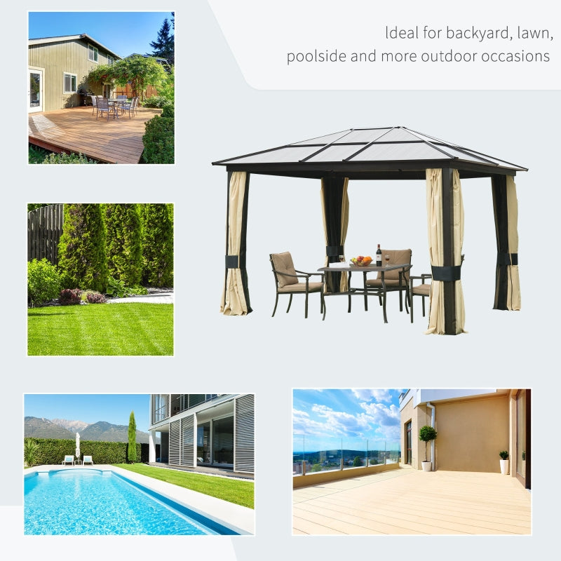 Outsunny 3.6 x 3(m) Hardtop Gazebo Canopy with Polycarbonate Roof and Aluminium Frame, Garden Pavilion with Mosquito Netting and Curtains, Brown