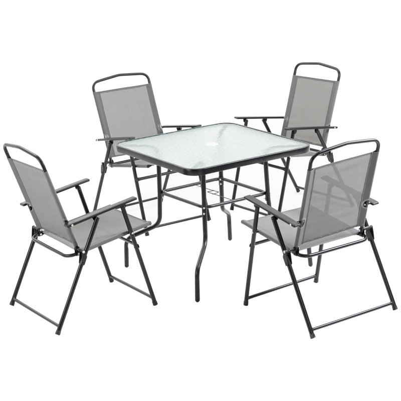 Outsunny 5 Piece Garden Dining Set Outdoor Dining Furniture 4 Folding Chairs, Glass Top Table with Parasol Hole, Texteline Seats, Black