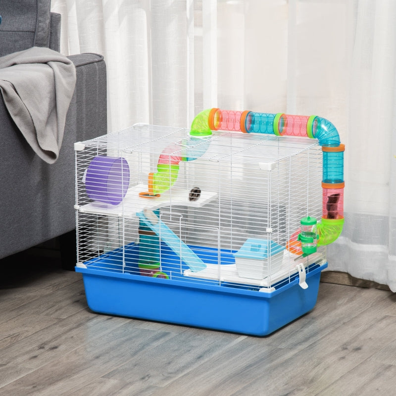 PawHut Large Hamster Cage, 3-Level Small Rodents House, with Tube Tunnel, Exercise Wheel, Water Bottle, Food Dish, Ramps, Hut, 59 x 36 x 47 cm, Blue