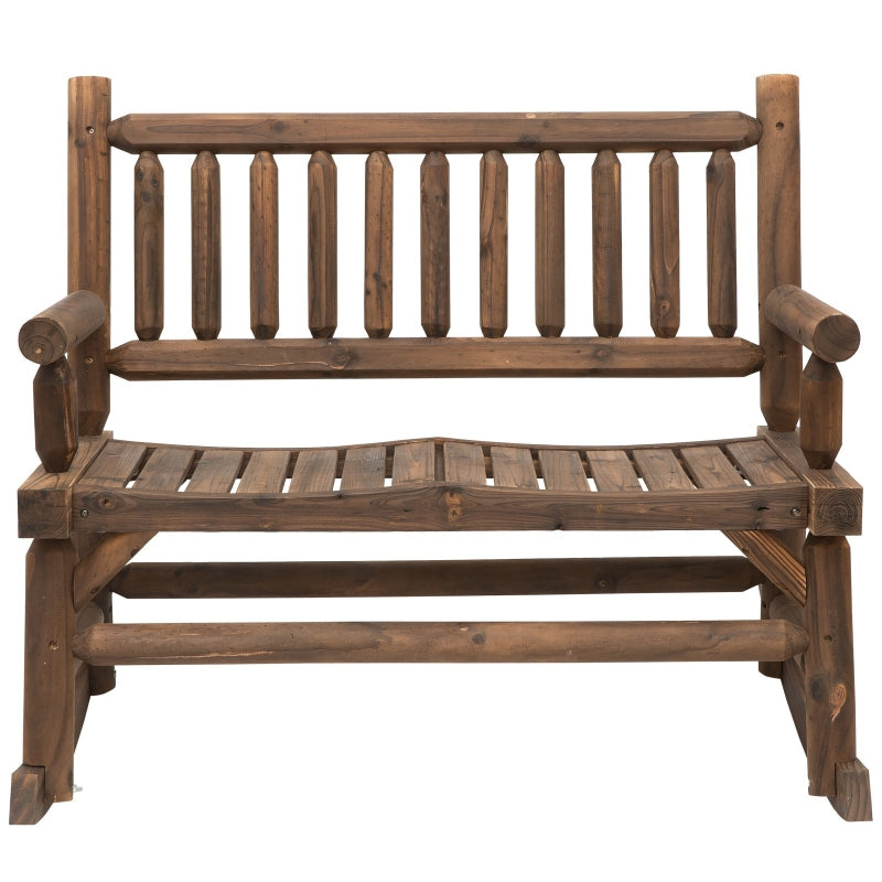 Outsunny Garden 2-Seater Rocking Bench Wood Frame Rough-Cut Log Loveseat Slatted High Back Rustic Style with Armrests - Dark Stain Brown