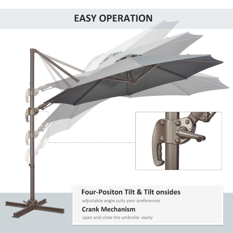 Outsunny 3(m) Cantilever Parasol 360° Rotation Roma Umbrella Hanging Sun Shade with Aluminum Frame, Tilt Crank, 8 Ribs and Cross Base, Dark Grey