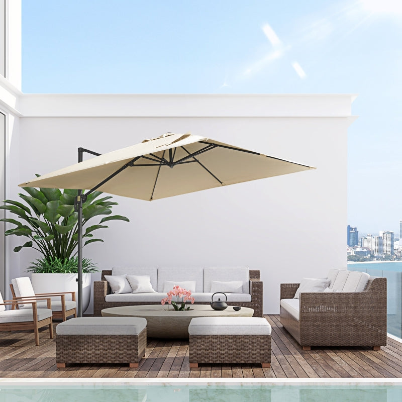 Outsunny 2.7 x 2.7 m Cantilever Parasol, Square Overhanging Umbrella with Cross Base, Crank Handle, Tilt, 360° Rotation, Aluminium Frame, Cream White