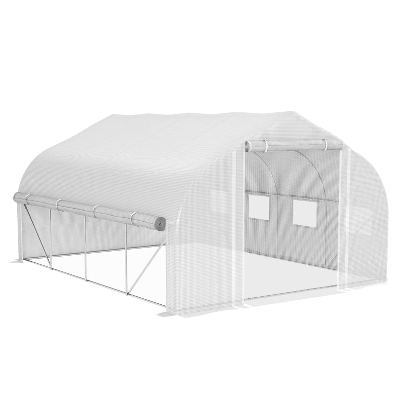 Outsunny 4 x 3(m) Walk-in Polytunnel Greenhouse, Zipped Roll Up Sidewalls, Mesh Door, 8 Mesh Windows, Tunnel Warm House Tent with PE Cover, Complimentary Plant Labels and Gloves, White