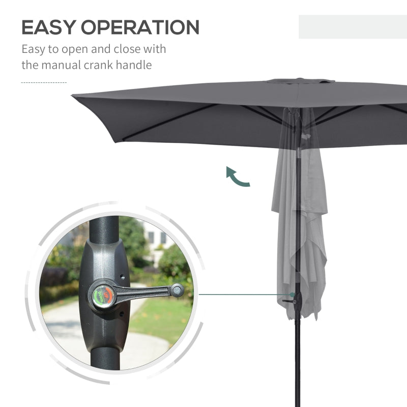 Outsunny 2 x 3(m) Garden Parasols Umbrellas Rectangular Patio Market Umbrella Outdoor Sun Shade w/ Crank & Push Button Tilt, Aluminium Pole Dark Grey