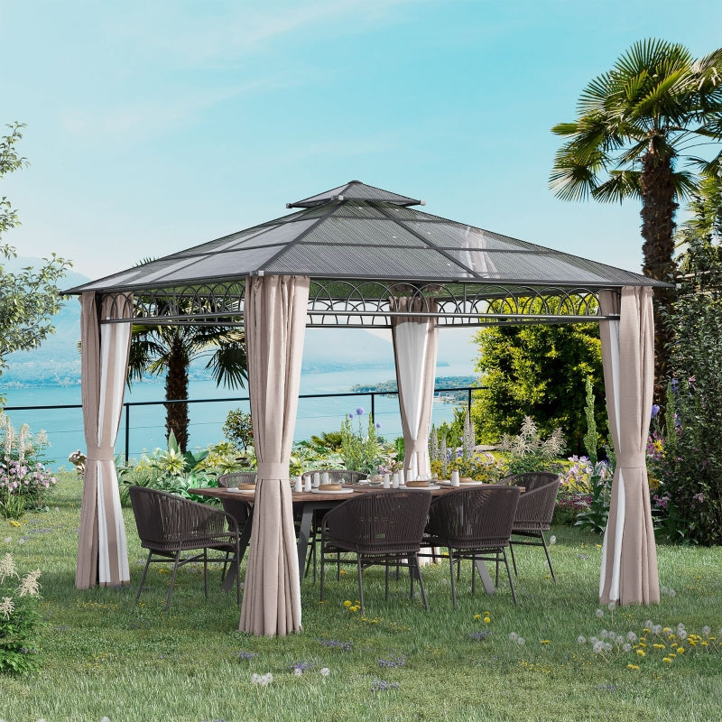 Outsunny 3 x 3 (m) Outdoor Polycarbonate Gazebo, Double Roof Hard Top Gazebo with Galvanized Steel Frame, Nettings & Curtains