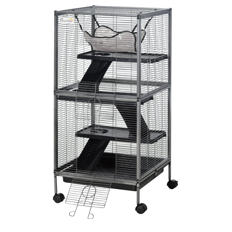 PawHut Small Animal Cage with Wheels Pet Home for Chinchillas, Ferrets, Kittens , Hammock, 4 Platforms and Removable Tray