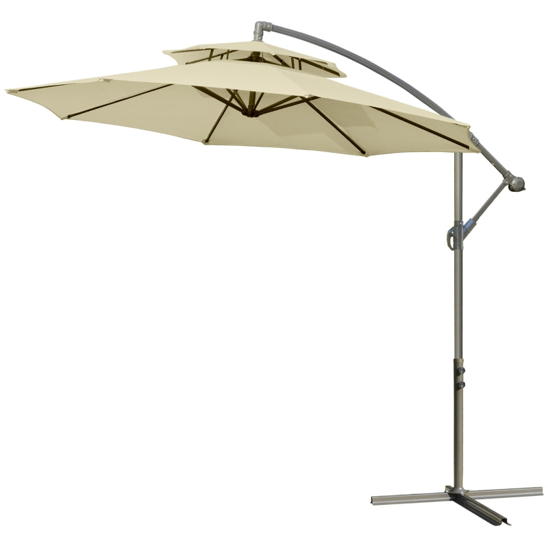 Outsunny 2.7m Garden Banana Parasol Cantilever Umbrella with Crank Handle, Double Tier Canopy and Cross Base for Outdoor, Hanging Sun Shade, Beige