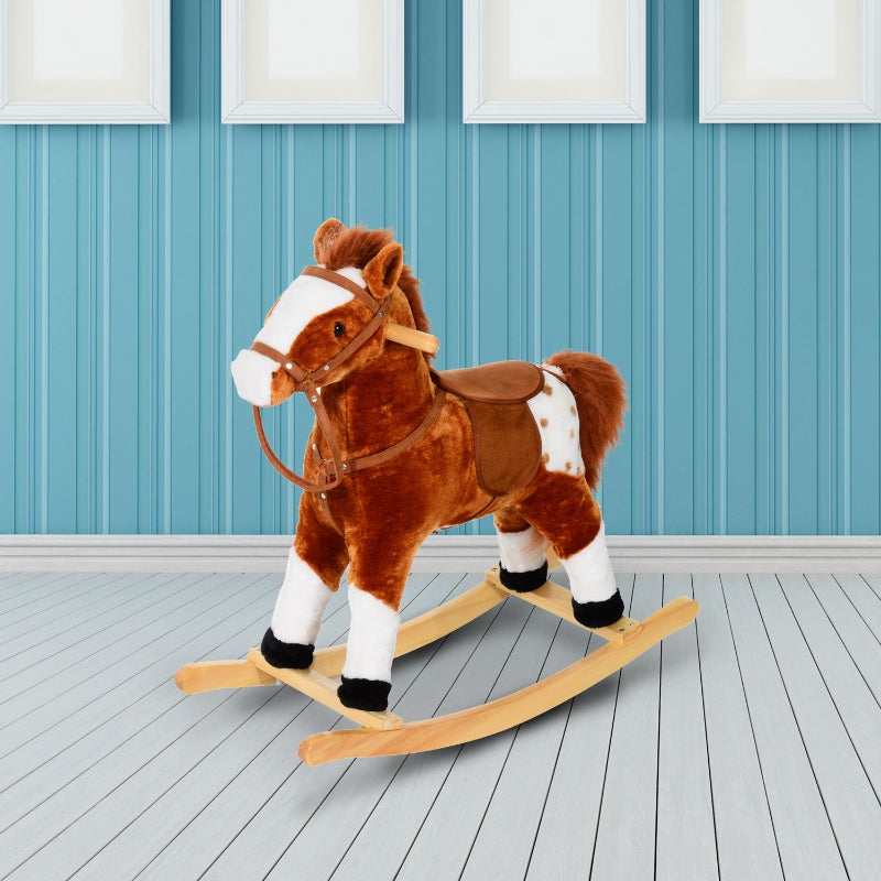 HOMCOM Wooden Rocking Horse with Sound Handle Grip Traditional Toy Fun Gift Brown