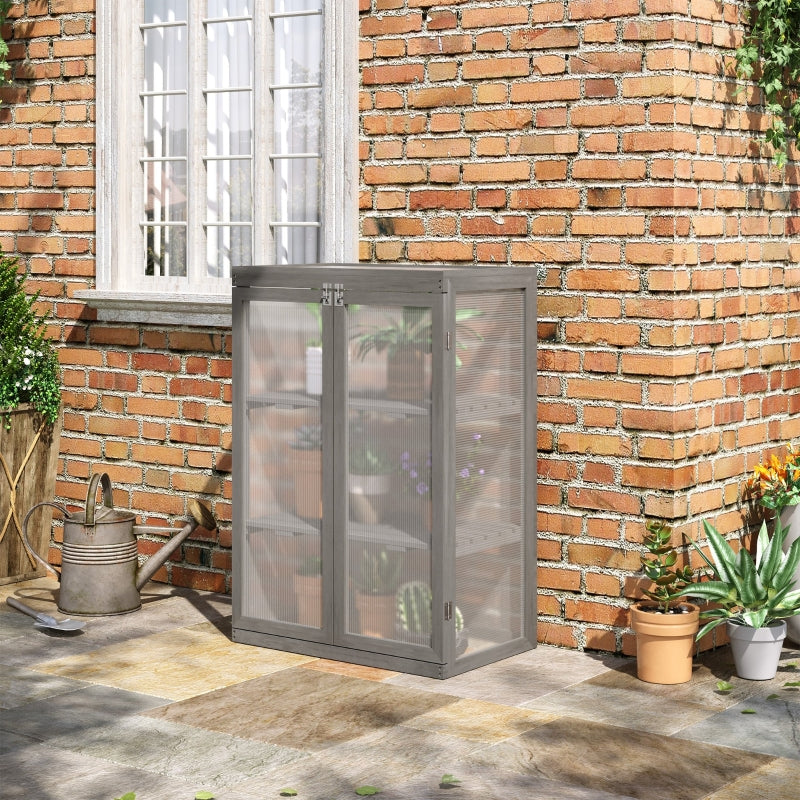 Outsunny 3-Tier Wooden Cold Frame Greenhouse Garden Polycarbonate Grow House w/ Adjustable Storage Shelf, 76 x 47 x 110 cm, Dark Grey